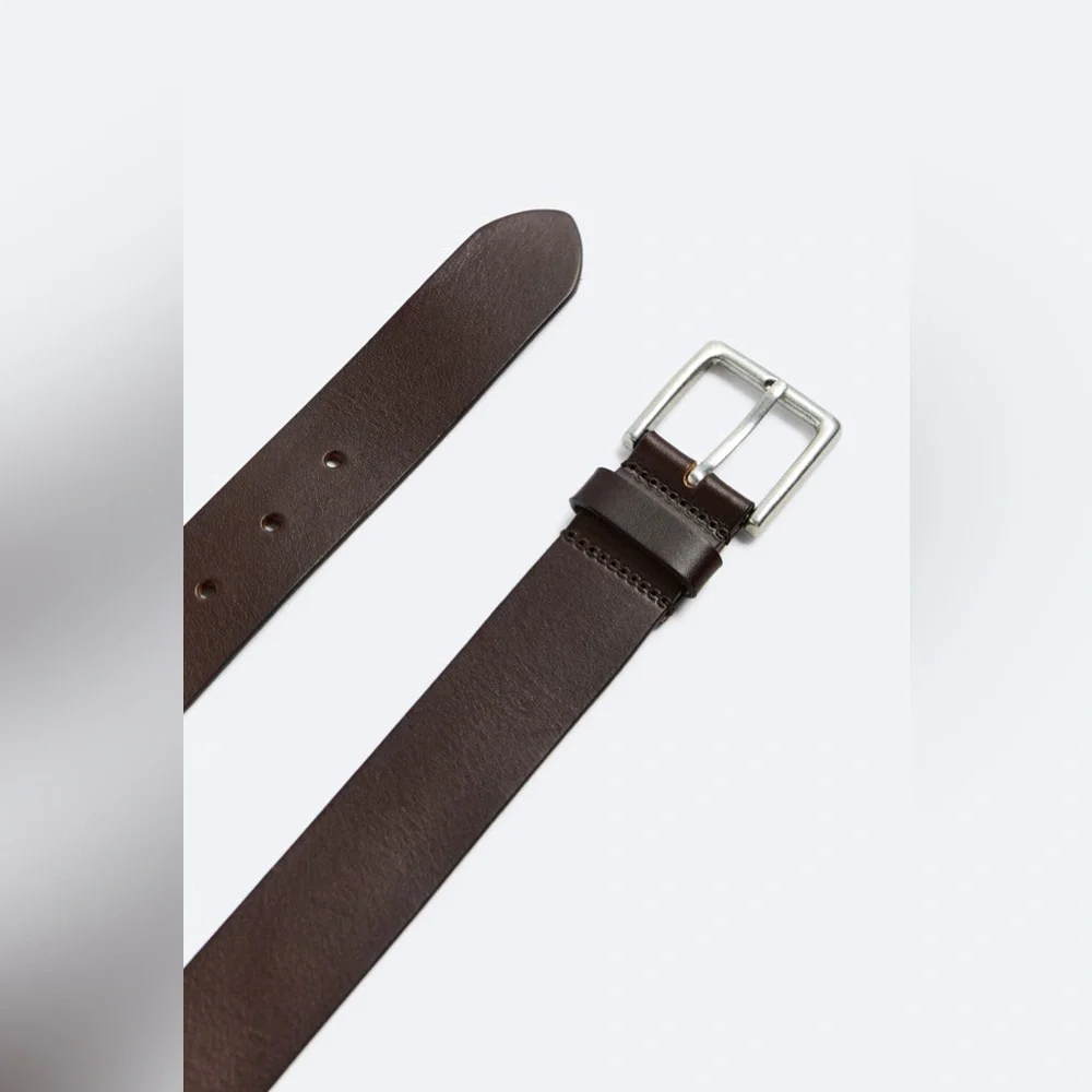 NWT Zara‎ Men’s Basic Leather Belt Brown Silver Buckle Minimalist Preppy Casual